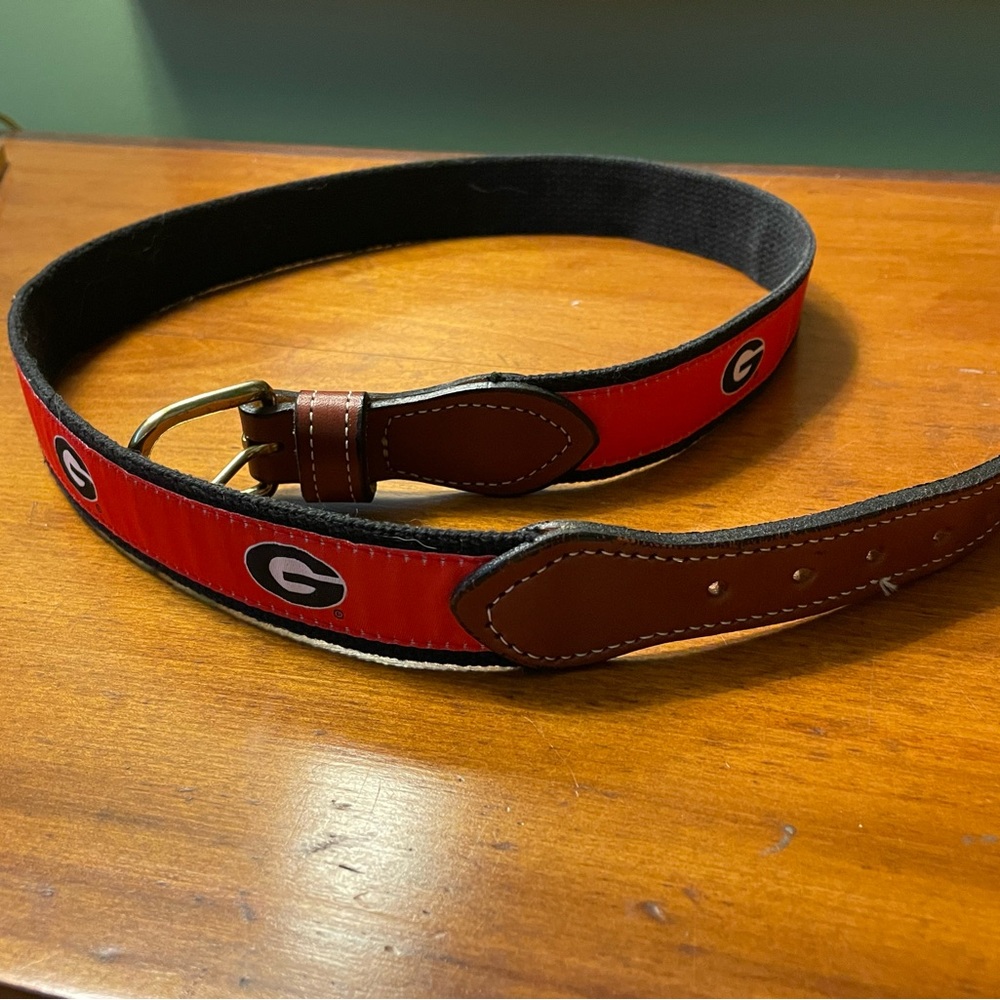 Men’s Red Collegiate Logo Belt with Brown Leather Trim